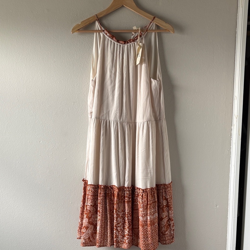 NWT Hem & Thread Cream and Burnt Orange Tiered Sleeveless Dress